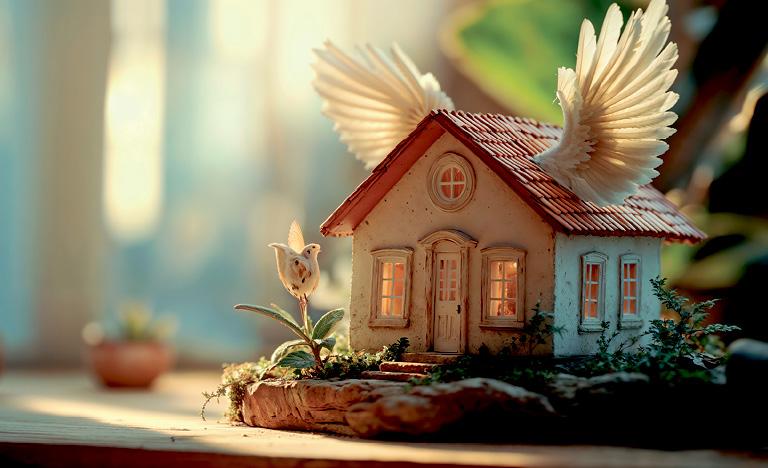 A hoiuse figurine with wings sitting in the sunlight