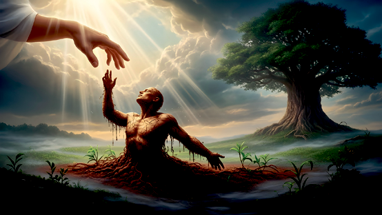 Man growing from the earth, reaching upwards towards God,