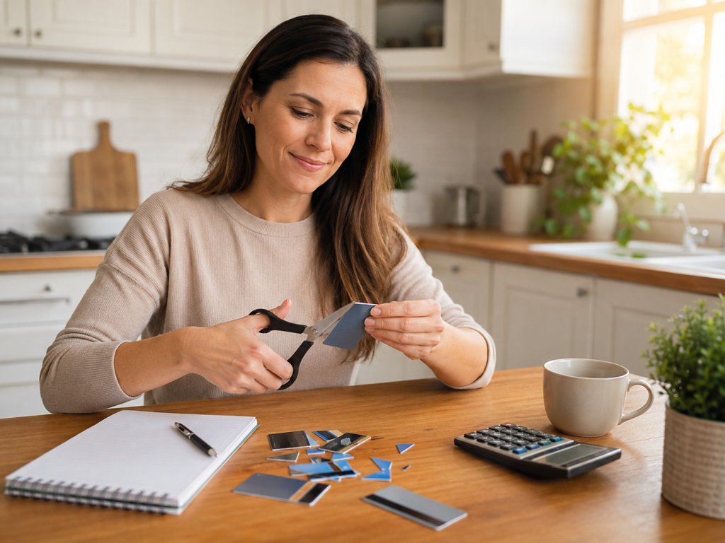 Person cutting up credit cards at a kitchen table as a step toward financial freedom and responsible budgeting.