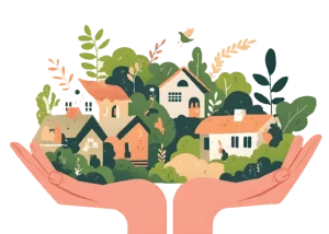 Two hands uplifting and holding a whole community neighborhood