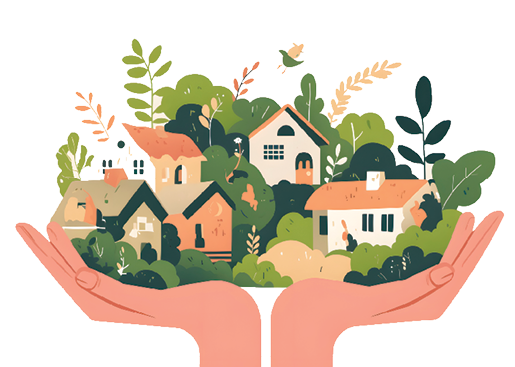 Two hands uplifting and holding a whole community neighborhood