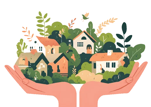 Two hands uplifting and holding a whole community neighborhood