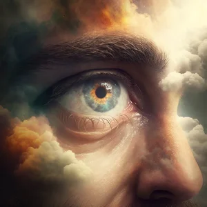 Close-up of a man's eye surrounded by dramatic clouds and warm light, symbolizing spiritual reflection and Christian faith.
