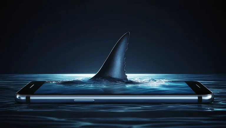 Shark fin emerging from a smartphone screen surrounded by dark water, symbolizing hidden dangers children may encounter online.