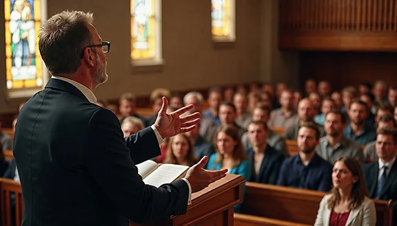 Pastor in church delivering a sermon to the congregtion, while the front row seats remain empty