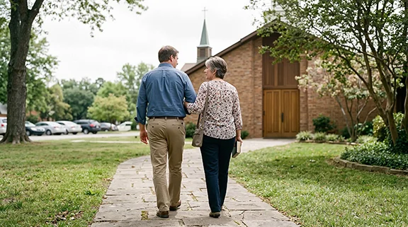 Older couple walking towards church, arm in arm.