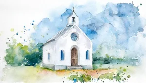Watercolor painting of a small church