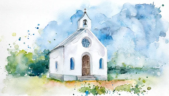 Watercolor painting of a small church