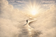 Silhouette of a person walking along a winding golden path through clouds toward radiant heavenly light, symbolizing faith and the hope of eternal life.